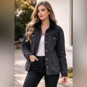 Wilfred Free Sherpa Lined Black Denim Trucker Jacket